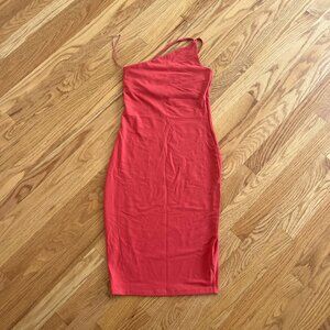 Gorgeous one shoulder coral orange pink dress bodycon